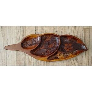 Carved Wooden Inlaid Flowers Aruba Leaf Shaped Dip Serving Tray Platter Dish